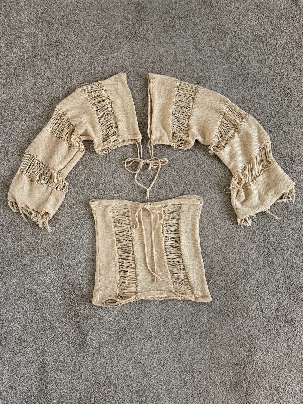 Fashion Nova Cream Fringe Knit Two-Piece Set